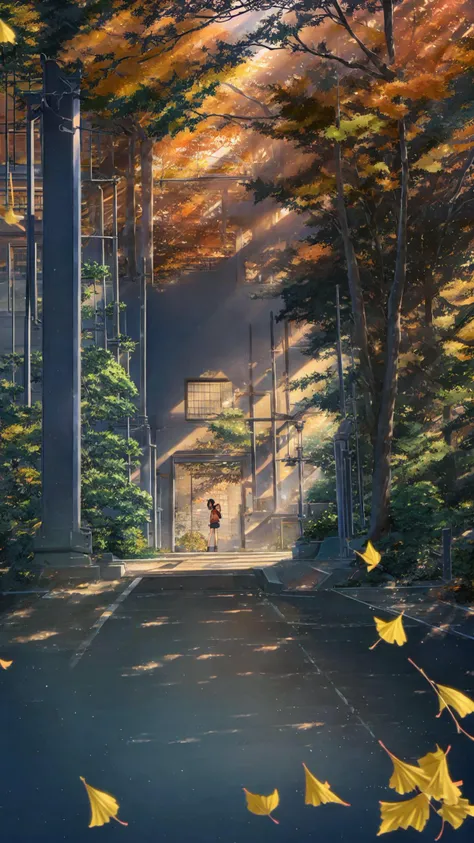 1girl, solo, best quality, orange theme, blurry background, falling leaves, holding leaf, parted lips, red eyes, long hair, brown hair, bangs, shirt, yellow hoodie, hood down, long sleeves, shoulder bag, backpack, necklace, school bag, outdoors, earbuds, fence, hand in pocket, tree, autumn leaves, drawstring, blurry foreground, depth of field, sunset, ginkgo leaf, orange sky, maple leaf, motion blur, fire