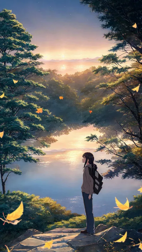 1girl, solo, best quality, orange theme, blurry background, falling leaves, holding leaf, parted lips, red eyes, long hair, brown hair, bangs, shirt, yellow hoodie, hood down, long sleeves, shoulder bag, backpack, necklace, school bag, outdoors, earbuds, fence, hand in pocket, tree, autumn leaves, drawstring, blurry foreground, depth of field, sunset, ginkgo leaf, orange sky, maple leaf, motion blur, fire
