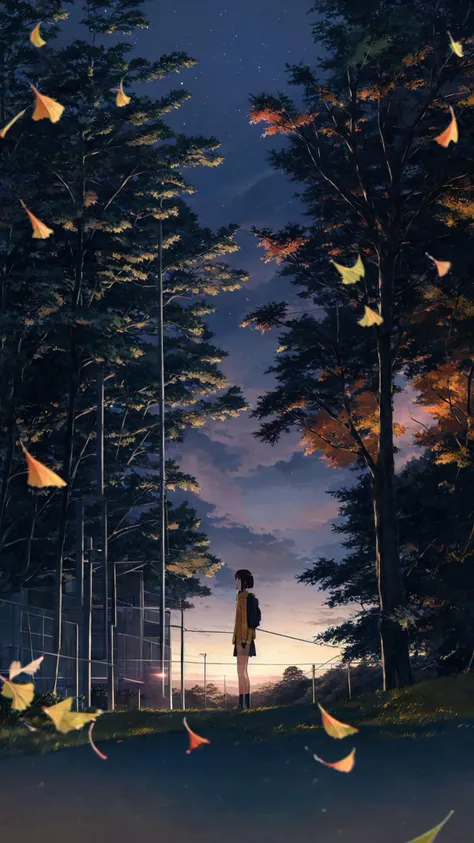 1girl, solo, best quality, orange theme, blurry background, falling leaves, holding leaf, parted lips, red eyes, long hair, brown hair, bangs, shirt, yellow hoodie, hood down, long sleeves, shoulder bag, backpack, necklace, school bag, outdoors, earbuds, fence, hand in pocket, tree, autumn leaves, drawstring, blurry foreground, depth of field, sunset, ginkgo leaf, orange sky, maple leaf, motion blur, fire