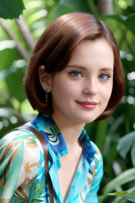 <lora:el1z4b3thmcg0v3rn:1> woman in a jungle paradise, short hair, ((close up)), stunning blue dress, 8K, (candid:1.2, amateur:1.2), highly detailed face, head:1.4, (smiling), facing camera