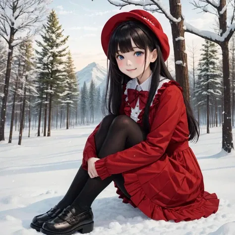 1girl, solo, pantyhose, dress, outdoors, snow, red dress, long hair, sitting, black pantyhose, bonnet, looking at viewer, blue eyes, shoes, black hair, bangs, bow, long sleeves, brown footwear, smile, white bowtie, tree, closed mouth, red headwear, frills, bowtie, winter, full body, white bow, loafers, hat, blush, frilled dress, forest, day, mountain, nature, hands on own knees, blunt bangs, BREAK young cute girl,, BREAK (masterpiece), (best quality), (highres)