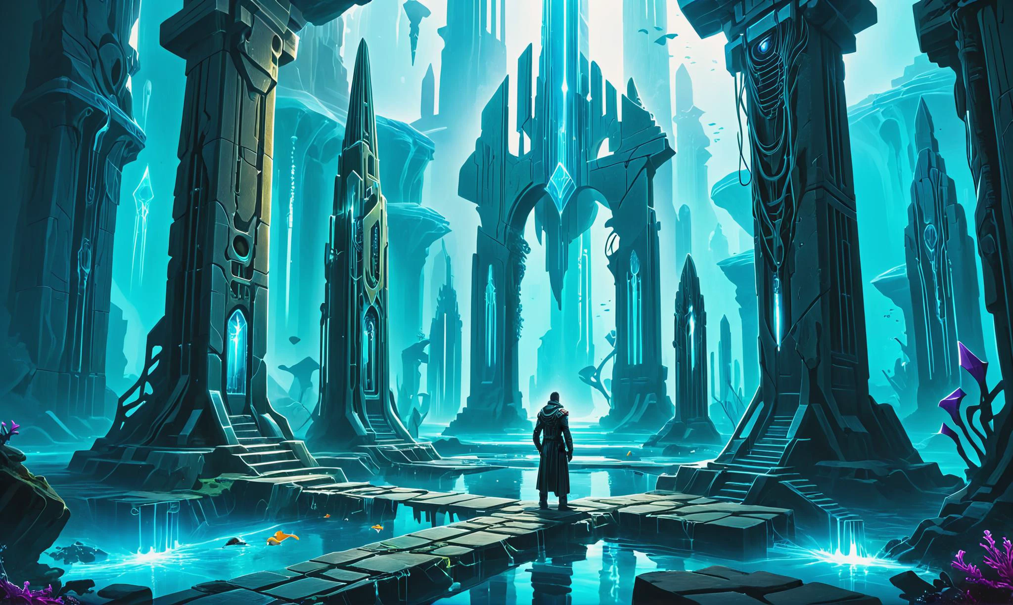 Beautiful detailed digital illustration of a Cybernetic investigator with enhanced senses at a Crystal spires in underwater kingdom, <lora:Arcane_Ruins_XL:0.7> arcane ruins, <lora:xl_more_art-full_v1:0.4>