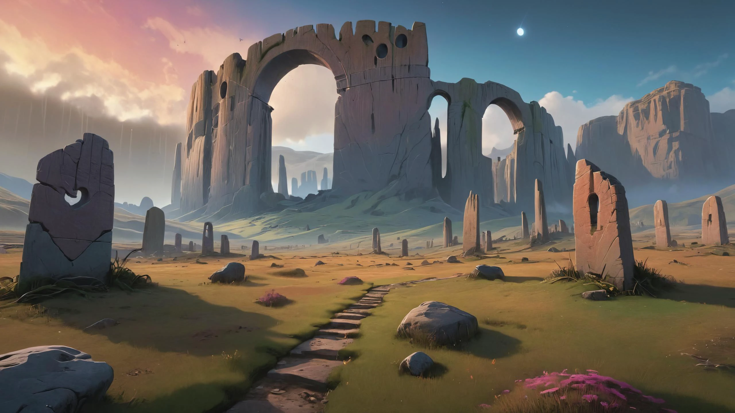 (photorealistic detailed digital illustration of a single large arcane ruins castle:1.38), 8k, Massive rock arches framing distant starfields in the background, at gentle dawn light by Goro Fujita and Simon Stalenhag, deep fog and HR Aenami, vray uhd matte painting, trending on cgsociety, airbrush art, deviantart, low res, hyper detailed, stylized cartoonish, psychedelic hearts and crepuscular the gahne6, unreal engine, octane, wide panorama, super wide angle lens, 3ds mucha virtual engine, intricate Jump rendering <lora:Arcane_Ruins_XL:0.7> <lora:detailed_notrigger:0.8>