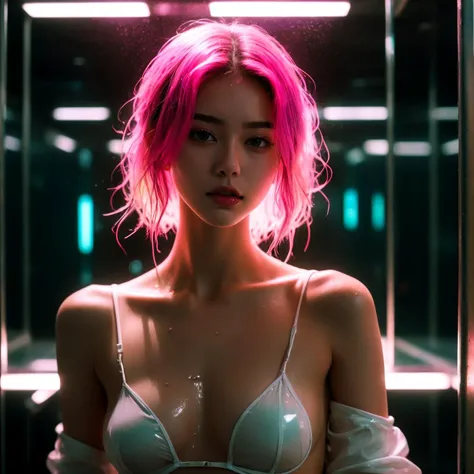 NSFW, Fashion photography portrait, full body, beautiful TWbabeXL01 in neon, sweating, in a soak dirty white dress shirt with water, transparent, no bra, bottomless, no underwear, sexy look, wet body with sweats and water drops, wet hair, (lofi, analog), kodak film by Stephen Wayda, in an old and dark shower room, dirty water, neon, showering from ceiling, mirror in the back, light on face, dynamic poses, 1girl, floating hairs, (RAW photo:1.2), (photorealistic:1.4), (masterpiece:1.3), (intricate details:1.2), (24 years old female), sunny, ruins, petite, medium breasts, narrow waist, (looking_at_viewer:1.4), from_front, slim_legs, (best quality:1.4), (ultra highres:1.2), cinema light, (extreme detailed illustration), (lipgloss, eyelashes, best quality, ultra highres, depth of field, caustics, Broad lighting, shading, 85mm, f/1.4, ISO 200, 1/160s:0.75), cyberpunk interior, one neon electronic arm, <lora:TWbabeXL01:0.7>