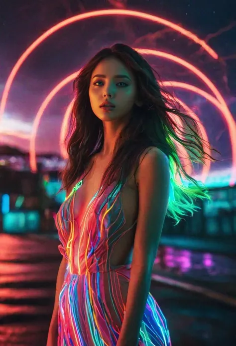 Photo of TWbabeXL01, NSFW, neon dress, naked, neon_outlines, 1 girl, (wind:1.3), long hair, A futuristic woman, her silhouette defined by vibrant neon lines, stands amidst a swirling storm. Her eyes, filled with intense emotion, gaze towards a distant horizon. The scene captures a poignant moment of farewell, framed in a cinematic style. The atmosphere is charged with the electric buzz of the future, yet tinged with the melancholy of memories fading into the past., glove <lora:TWbabeXL01:1>