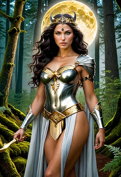 Photo of TWbabeXL01, NSFW, naked, Artemis, Goddess of the Hunt and Moon, is cloaked in a silver tunic that gleams under the moon's embrace, in the heart of an ancient, moonlit forest. Her attire, a blend of divine grace and wilderness, includes a golden belt with symbols of nature and boots embossed with woodland scenes with her breasts exposed and bottomless. Silver bracers etched with hunting scenes adorn her arms, showcasing her dominion over the forest. Her dark hair, possibly as light as moonlit silver, cascades back to reveal striking features and eyes that reflect the wisdom of the moon. In her hand, an ethereal bow, ready to protect the sacred wilderness, completes her majestic presence. Artemis stands as a serene yet fierce embodiment of the natural world's untamed beauty. <lora:TWbabeXL01:0.8>