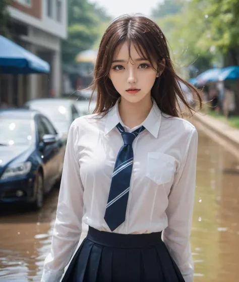 TWbabeXL01, a photo of a college girl in her tailored uniform, raining and sunny at the same time, her clothes are all wet, underwear, water drops, rain drops, Kpop idol, dynamic poses, 1girl, floating hairs, (RAW photo:1.2), (photorealistic:1.4), (masterpiece:1.3), (intricate details:1.2), petite, small breasts, narrow waist, (looking_at_viewer:1.4), from_front, slim_legs, (best quality:1.4), (ultra highres:1.2), cinema light, outdoors, (extreme detailed illustration), (lipgloss, eyelashes, best quality, ultra highres, depth of field, caustics, Broad lighting, shading, 85mm, f/1.4, ISO 200, 1/160s:0.75) <lora:TWbabeXL01:0.8>