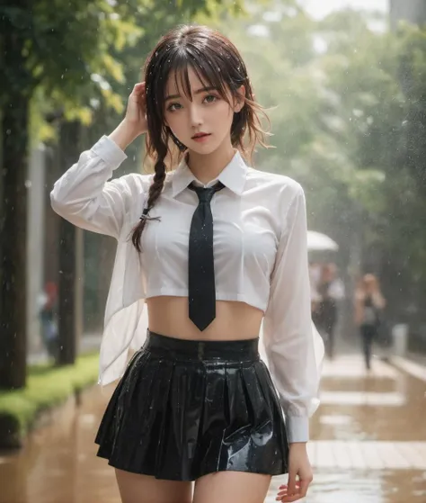 TWbabeXL01, a photo of a college girl in her tailored uniform, raining and sunny at the same time, her clothes are all wet, underwear, water drops, rain drops, Kpop idol, dynamic poses, 1girl, floating hairs, (RAW photo:1.2), (photorealistic:1.4), (masterpiece:1.3), (intricate details:1.2), petite, small breasts, narrow waist, (looking_at_viewer:1.4), from_front, slim_legs, (best quality:1.4), (ultra highres:1.2), cinema light, outdoors, (extreme detailed illustration), (lipgloss, eyelashes, best quality, ultra highres, depth of field, caustics, Broad lighting, shading, 85mm, f/1.4, ISO 200, 1/160s:0.75) <lora:TWbabeXL01:0.8>