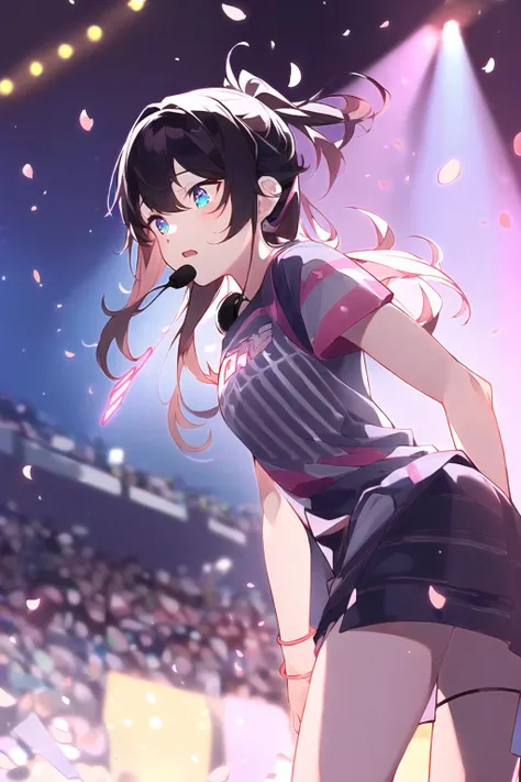 ((masterpiece)),(((best quality))),((ultra-detailed)),((illustration)),A lot of waving glow sticks,Stage,Concert,(solo),1 girl,((singing)),headset,(leaning_forward:1.2),(arms_behind_back),((extremely_detailed_eyes_and_face)),colorful,,Tokyo Dome,ray tracing,(disheveled hair),cherry_blossoms,petals,Flying notes,