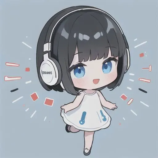 (best quality), (masterpiece:1.3), (ultra-detailed), amazing, 
cute girl, finely detailed face, laugh, black hair, short hair, Bob hairstyle, Blunt bangs, sky blue eyes, clavicle, white dress, white headphones, short stature, jumping, short pants, white high-heel, looking up, close-up of face to leg, high angle, full body, upturned eyes, 
blue sky background, light blue background, from above, colorful music notes, 
eighth music notes, a half music notes, a quarter music notes, colorful sparkling lights,