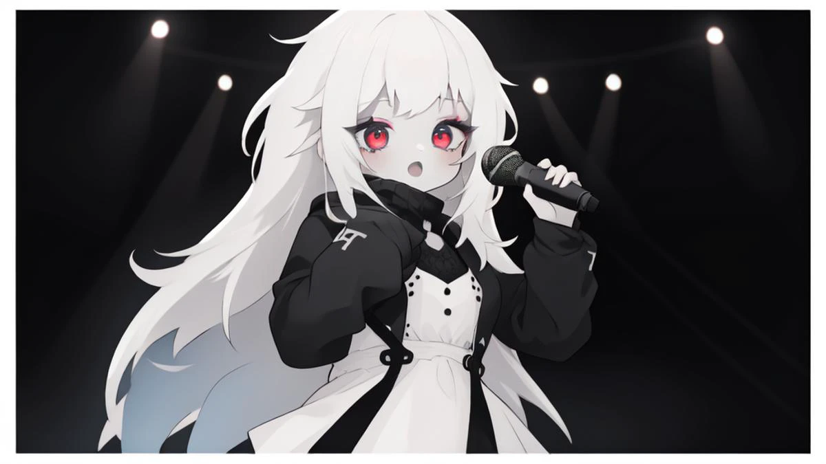 masterpiece, best quality, absurdres, 1girl, singer, long hair, white hair, singing, determined, long sleeves, dress, microphone, dark makeup, goth, concert background