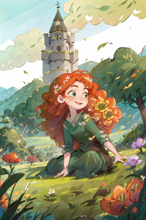 (MeridaWaifu), (green dress), 1girl, solo, smile, dynamic angle, masterpiece, best quality, <lora:MeridaBrave_character:0.7> (detailed ladscape, castle, field, grass, mountains, flowers:1.2), colorful,