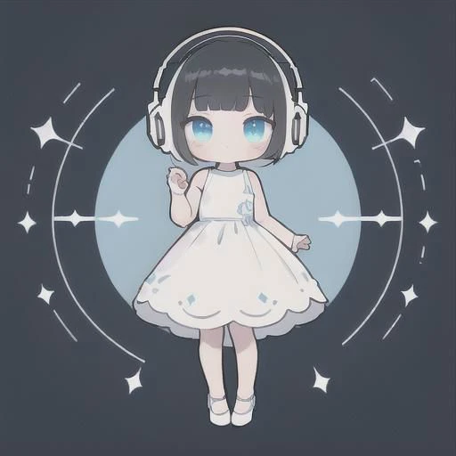 (best quality), (masterpiece:1.3), (ultra-detailed), amazing, 
cute girl, finely detailed face, black hair, short hair, Bob hairstyle, Blunt bangs, sky blue eyes, white dress, white headphones, short stature, jumping, white high-heel, close-up of face to leg, full body, upturned eyes, 
light blue background, 
colorful music notes, 
eighth music notes, a half music notes, a quarter music notes, colorful sparkling lights,