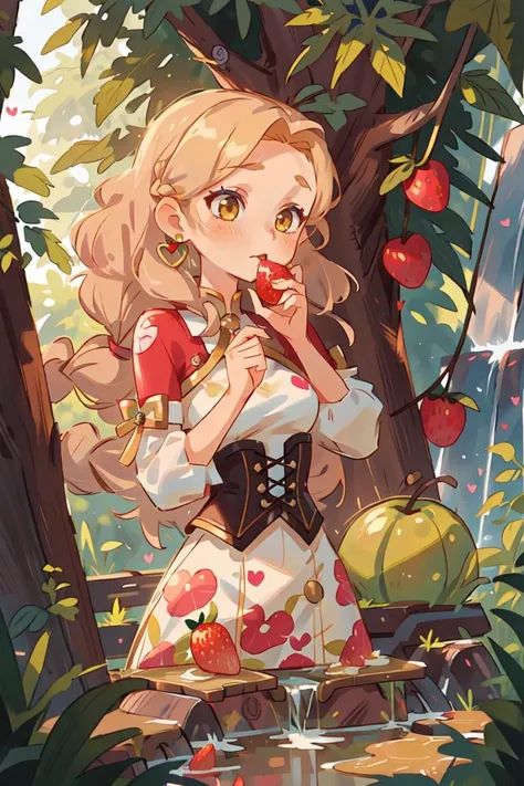 masterpiece, best_quality, 1girl, solo, eating a strawberry seductively, Pink Floral Corset, Artist, Average Height, Athletic, Heart-Shaped Face, Olive Skin, Honey Blonde Hair, yellow Eyes, Narrow Nose, Thin Lips, Receding Chin, Shoulder-Length Hair, Curly Hair, Waterfall Braid, full breasts, Huggie earrings, cherry metallic lipstick