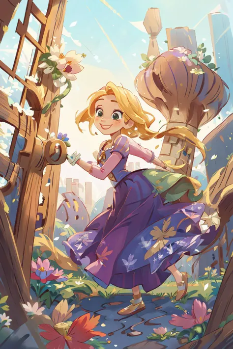 ((RapunzelWaifu)), dress, blonde 1girl, solo, smile, dynamic angle, masterpiece, best quality, <lora:Rapunzel_character:0.8>, (detailed ladscape, castle, big door, bricks, flowers:1.2), colorful,