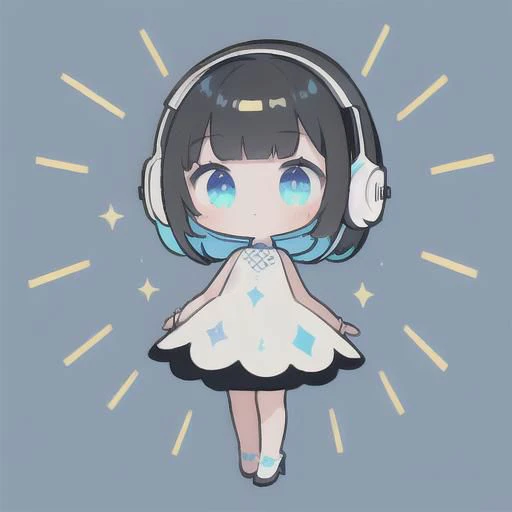 (best quality), (masterpiece:1.3), (ultra-detailed), amazing,
showing top of head girl, finely detailed face, black hair, short hair, Bob hairstyle, Blunt bangs, sky blue eyes, white dress, white headphones, short stature, jumping, white high-heel, close-up of face to leg, full body, upturned eyes,
light blue background,
colorful music notes,
eighth music notes, a half music notes, a quarter music notes, colorful sparkling lights,