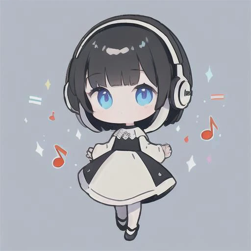(best quality), (masterpiece:1.3), (ultra-detailed), amazing,
cute girl, finely detailed face, black hair, short hair, Bob hairstyle, Blunt bangs, white dress, white headphones, short stature, jumping, short pants, white high-heel, looking up, close-up of face to leg, high angle, full body, upturned eyes,
blue sky background, light blue background, from above, colorful music notes,
eighth music notes, a half music notes, a quarter music notes, colorful sparkling lights,