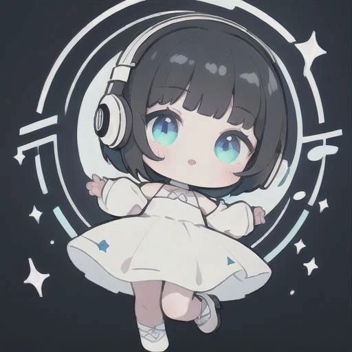 (best quality), (masterpiece:1.3), (ultra-detailed), amazing, 
cute girl, finely detailed face, black hair, short hair, Bob hairstyle, Blunt bangs, sky blue eyes, white dress, white headphones, short stature, jumping, white high-heel, close-up of face to leg, full body, upturned eyes, 
light blue background, 
colorful music notes, 
eighth music notes, a half music notes, a quarter music notes, colorful sparkling lights,