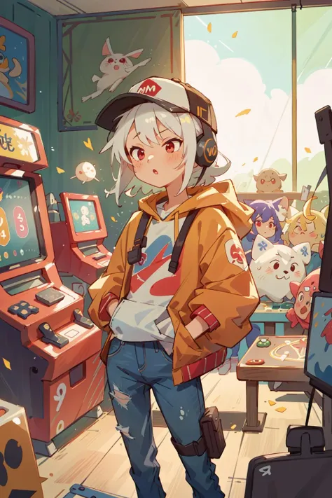 ((masterpiece)), (((best quality))), ((illustration)),(depth of field:1.2)  ,solo,dynamic angle,(1 girl:1.3),bangs,headphones,red eyes,white hair,(disheveled hair),Baseball cap,(jacket|hoodie),jeans,thigh strap,hands in pocket,cowboy shot,   Moody Lighting,(arcade games:1.1),(Game Center:1.5),(Game Hall:1.1),(backlight:1.3),intricate detail,cyberpunk,slot machine,claw crane game machine,(crowd:1.1),  (Pixel particles exploding:1.2)  