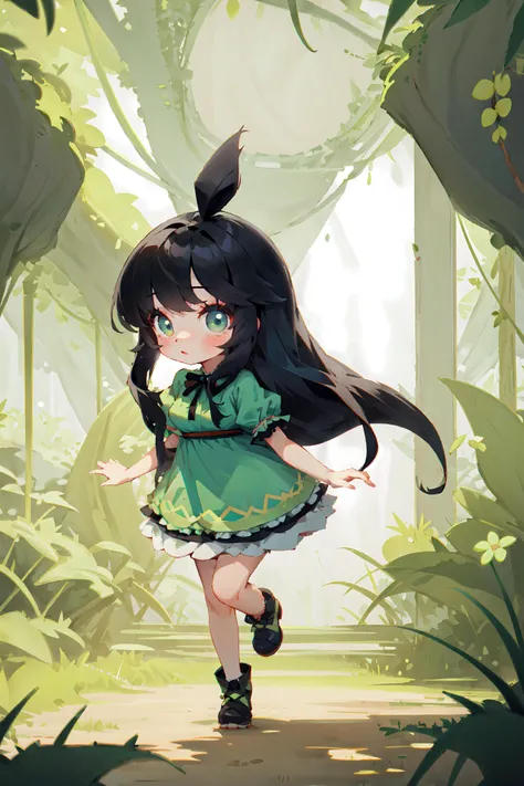 absurdres, 1girl, green eyes, long hair, black hair, wide-eyed, eyelashes, looking at viewer, dress, frilled hair, short sleeves, chibi, shoge