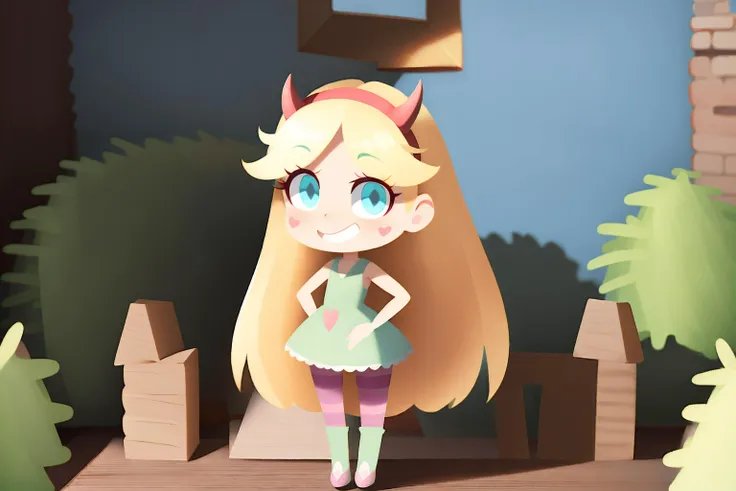 1girl, masterpiece, (detailed background), best quality, absurdres, outside,
looking at viewer, smirking, eyelashes, eyeshadow, nose blush, young girl,
mexican street, blue house, yellow roof, red brick fence, green bushes, plants,
<lora:my_StarButterfly_v1:0.65>, star butterfly, blonde hair, blue eyes, facial mark, fake horns, hairband, heart cheeks, horned headwear, long hair, pantyhose, striped pantyhose