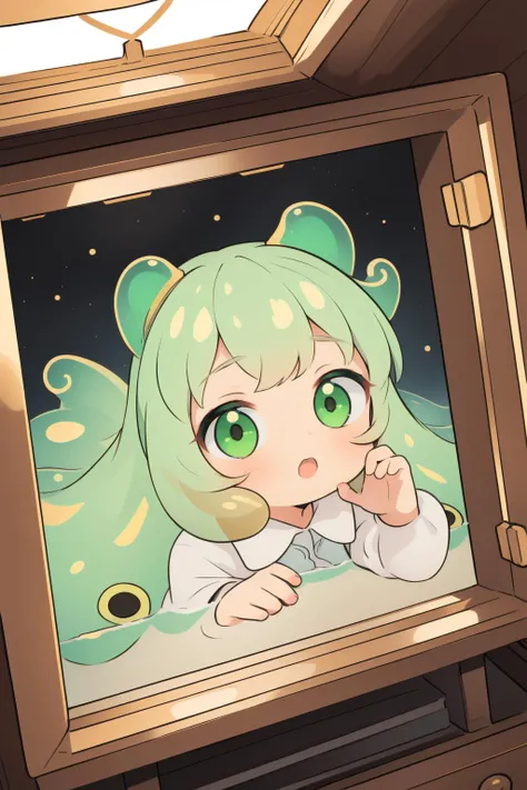 1girl, artistic Vector Art, insane details, top-down view of a ("Green Jelly":1.3) , it is very Winged and Boundless, from inside of a [Bright:Upside down:6] Tool shed, Gold cityscape and Stellar nursery in background, Hurricane, Sharp and in focus, Angry, stylized, Slimepunk, Rembrandt lighting, F/2.8, Calotype, Impressionism, under water, artstation, highly detailed, (portrait art designed by Krenz Cushart:1.0) , close-up