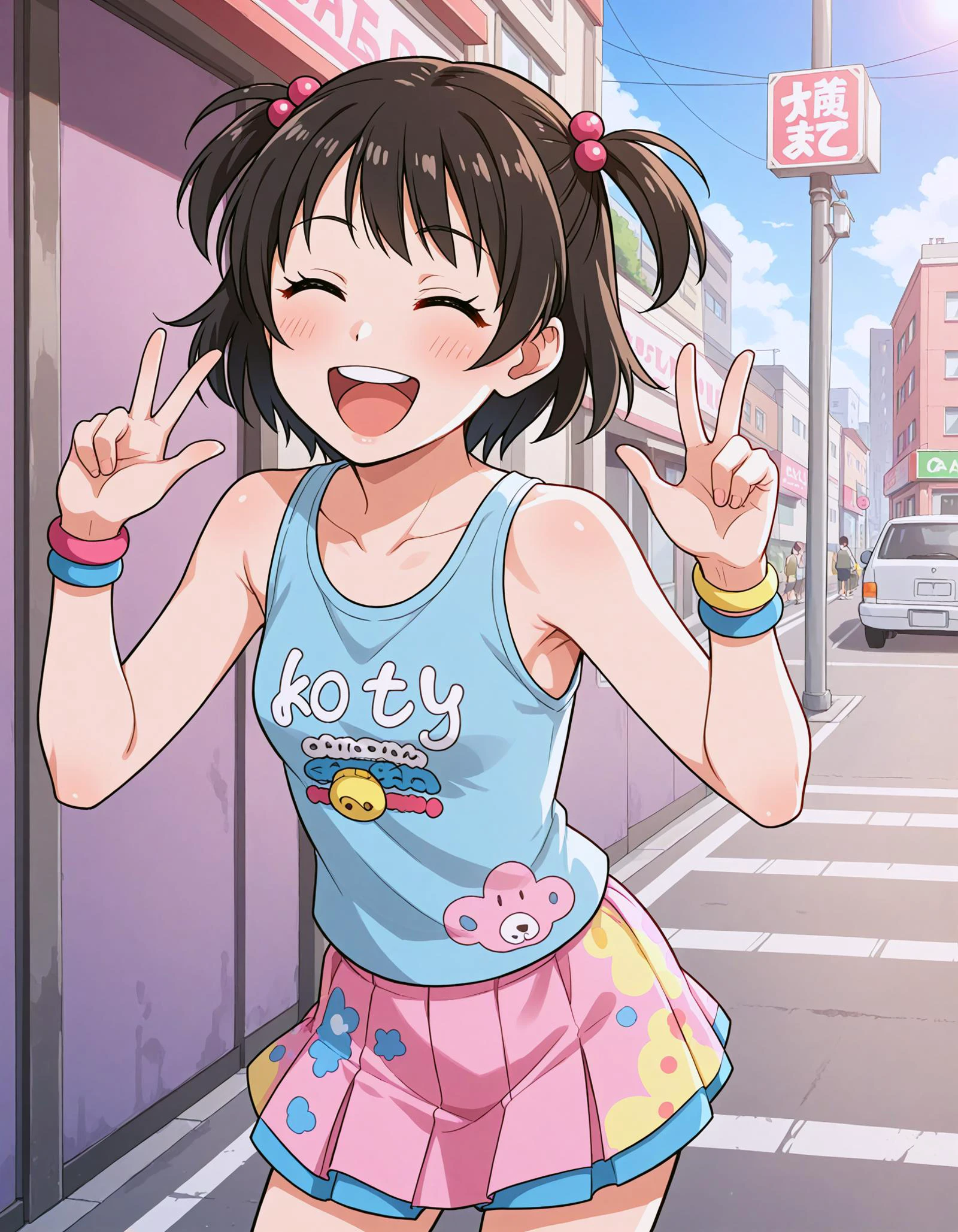 score_9, score_8_up, score_7_up, <lora:Hyper8:1> <lora:fixhands:1> source_anime, rating_explicit BREAK 1girl, uncensored,
black hair, short hair, two side up, hair bobbles, (white sleevelss:1.3), pastel skirt, city street, laughing,
<lora:_clothe_jyojifuku_Pony_V1.0:0.8> jyojifuku, print sleeveless,pastel color clothes