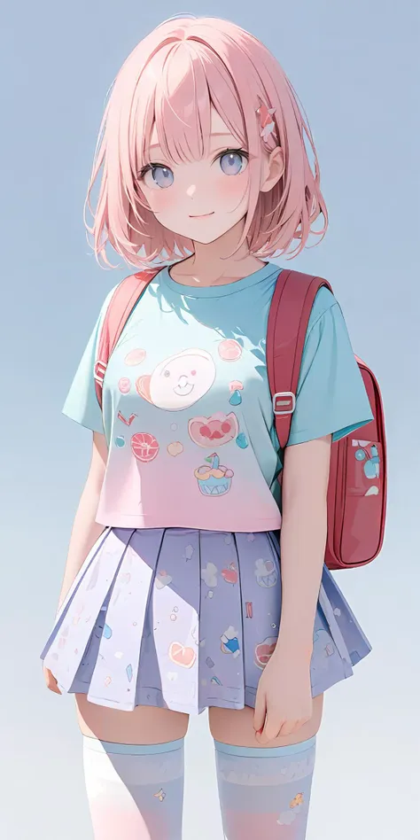 masterpiece,ultra-detailed,best quality,,8K,illustration,simple background,girl,cowboy shot,cute face,
<lora:add-detail-xl:1> <lora:jyojifuku_XL_V1.0:0.4> jyojifuku, print shirt, skirt, thighhighs,pastel color clothes,backpack