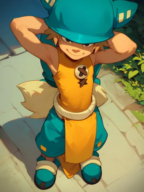 score_9, score_8_up, score_7_up, male focus, 1boy, solo, <lora:Yugo:0.8>, Yugo, blue shorts, black eyes, sleeveless top, blue hat, smile, outdoors, yellow pelvic curtain, closed mouth, arms behind head, from above,