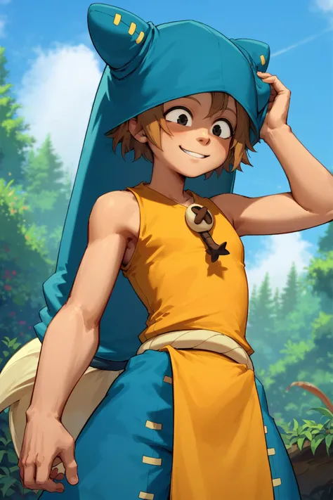 Score_9, score_8_up, score_7_up, source anime, <lora:Yugo:1> Yugo, black eyes, blue hat, long hat, teenage, <lora:DandonFuga_Style_-_Pony:0.9>, blue shorts, yellow sleeveless top, yellow pelvic curtain, absurdres, outdoors, adjusting headwear, upper body, light smile,
