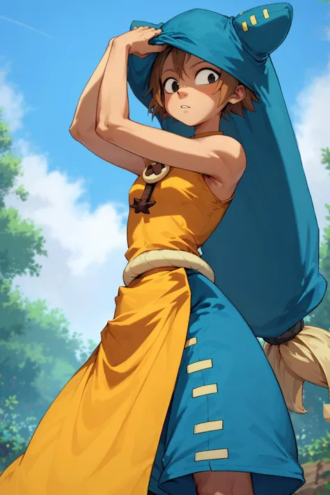 Score_9, score_8_up, score_7_up, source anime, <lora:Yugo:1> Yugo, black eyes, blue hat, long hat, teenage, <lora:DandonFuga_Style_-_Pony:0.9>, blue shorts, yellow sleeveless top, yellow pelvic curtain, absurdres, outdoors, adjusting headwear, upper body,
