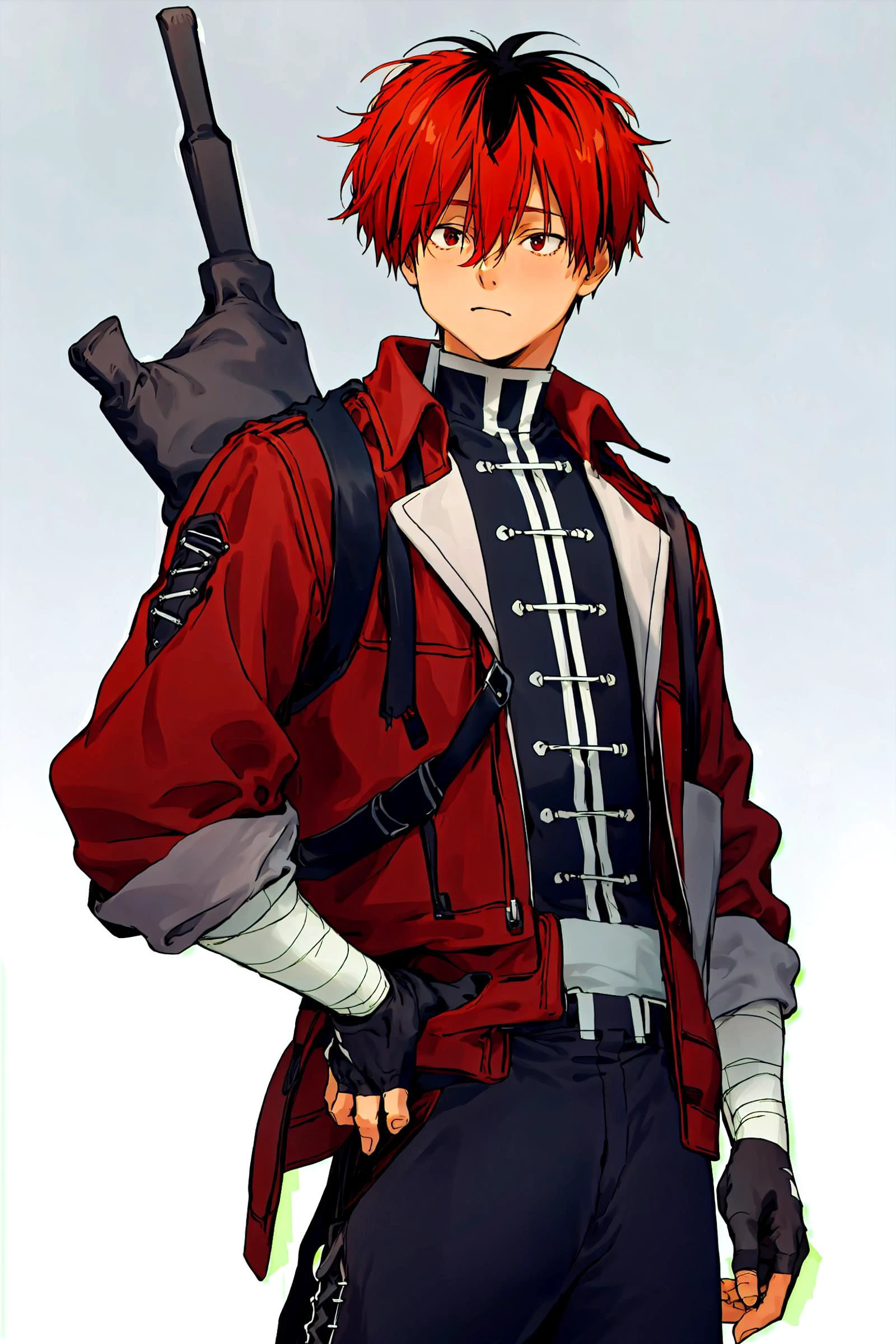 1boy, solo, cowboy shot, fine art parody, upper body, standing, simple background,
looking at viewer, <lora:yawanuri:1> <lora:Stark:1>starkfrieren, bandages, red jacket, black shirt, pants, boots, black pants, black gloves, fingerless gloves, cross-laced footwear, long sleeves, pants tucked in, simple background,