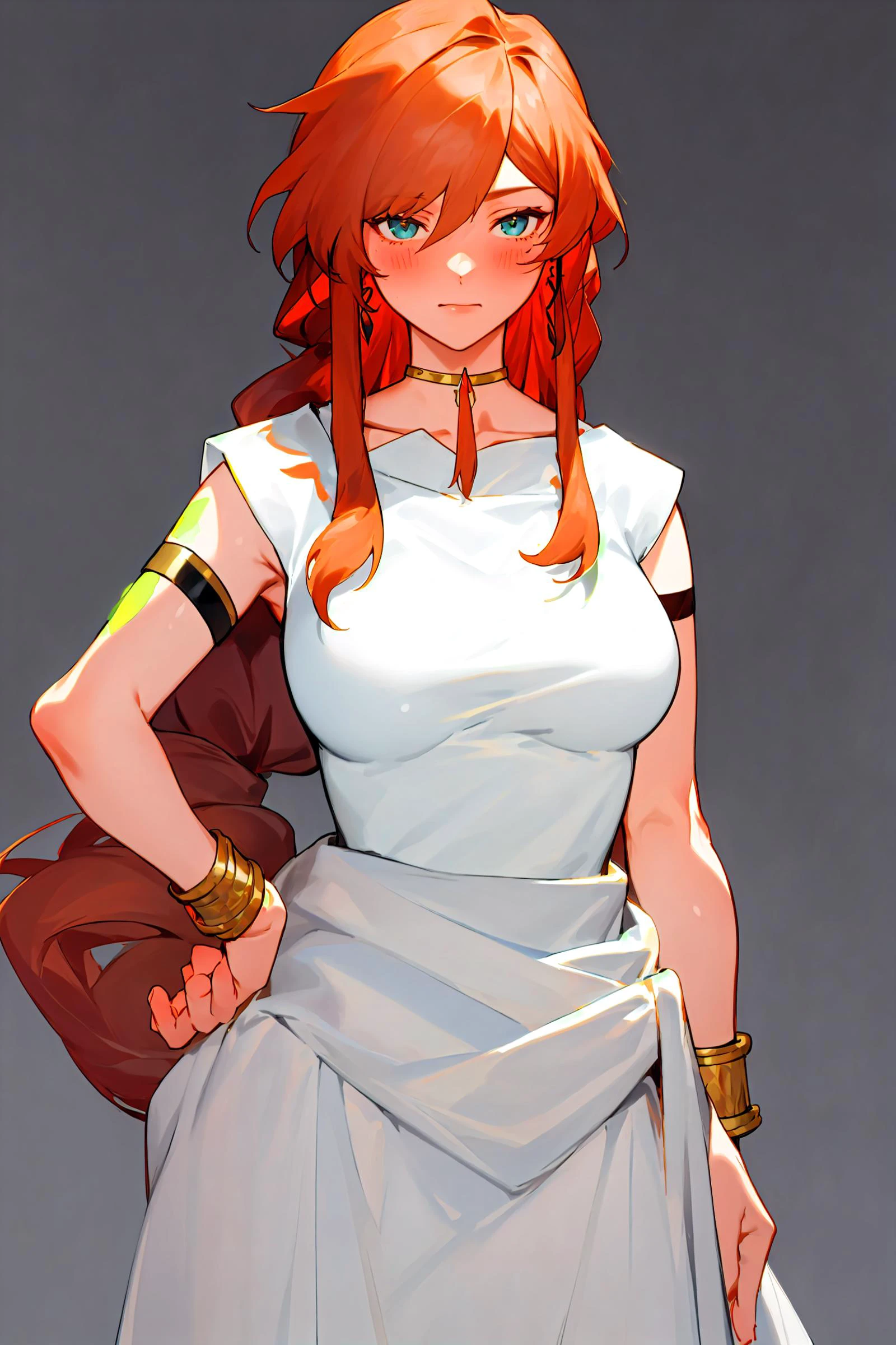 1girl, solo, cowboy shot, fine art parody, breasts, medium breasts, contrapposto, simple background,
looking at viewer, <lora:yawanuri:1> <lora:Flamme:1> flammefrieren, long hair, breasts, sleeveless dress, greek clothes, choker, braid, armlet, bracelet, hand on hip, earrings, collarbone, necklace, blush