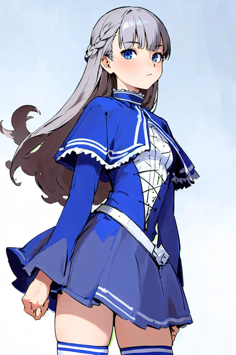 1girl, solo, cowboy shot, fine art parody, cowboy shot, long hair, french braid, bored, small breasts, blue capelet, blue dress, long sleeves, white thighhighs, simple background,
looking at viewer, <lora:yawanuri:0.7> <lora:lawine:0.8>