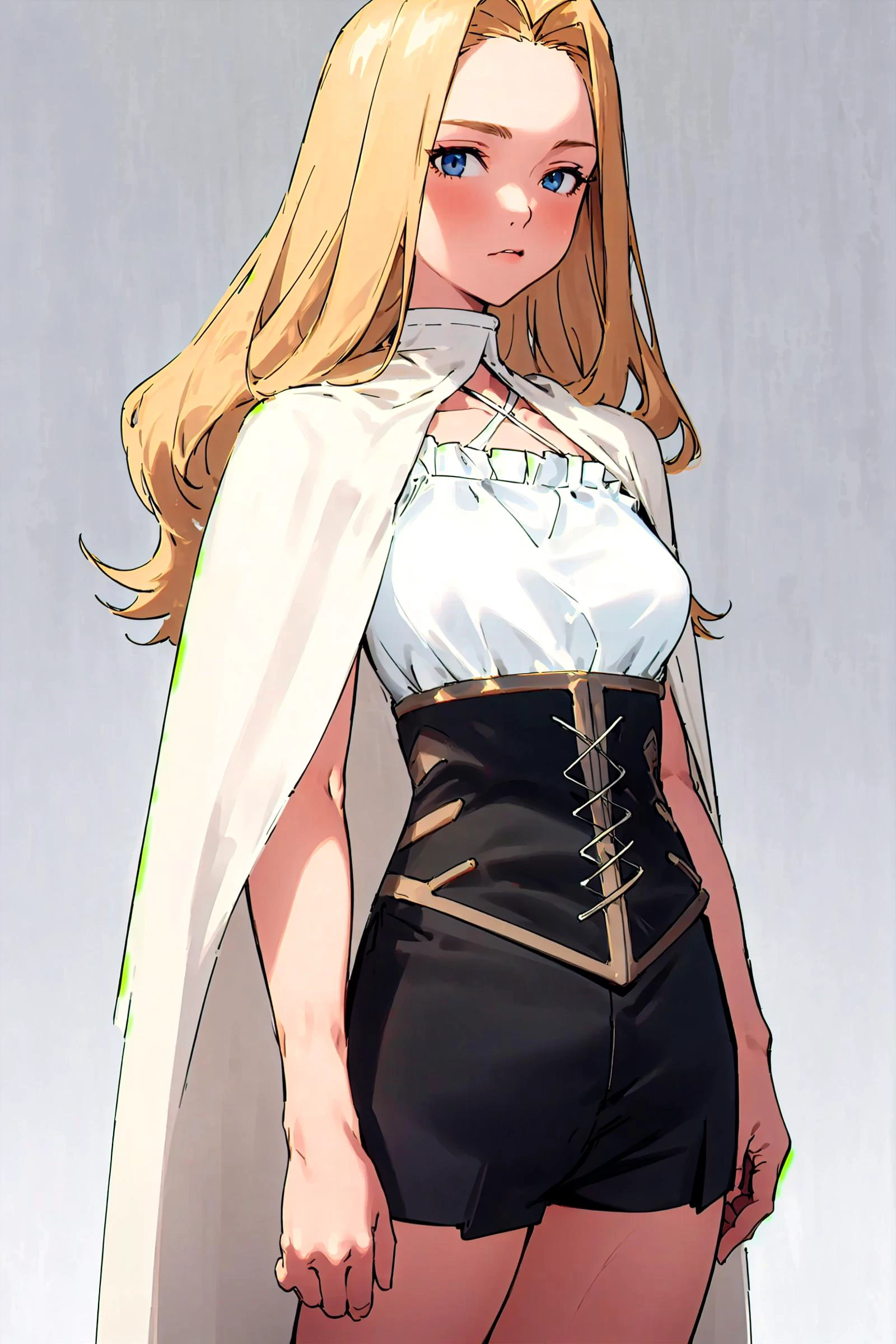 1girl, solo, cowboy shot, fine art parody, breasts, medium breasts, standing, simple background,
looking at viewer, <lora:yawanuri:1> <lora:methode_sousounofrieren:1> white cape, white camisole, black corset, black short pants, long hair, blue eyes, blonde hair, collarbone