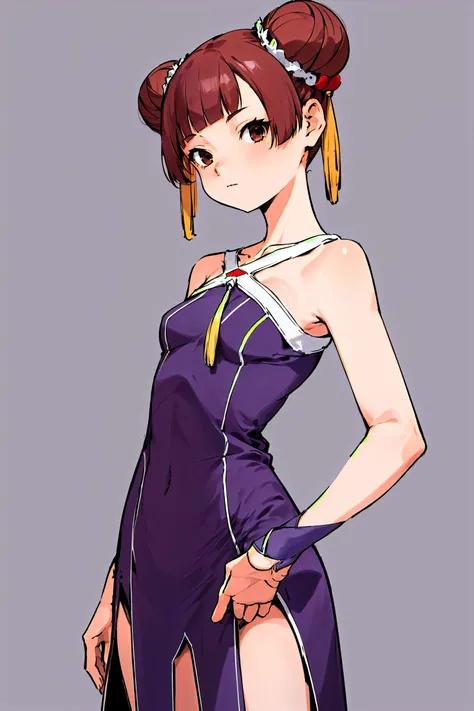 1girl, solo, cowboy shot, fine art parody, contrapposto, breasts, double bun, hair bun, small breasts,
looking at viewer, <lora:yawanuri:1> <lora:laufen:1> semi long dress, boots, brown eyes, brown hair, looking at viewer, simple background, bare shoulders, bangs, purple dress, short hair