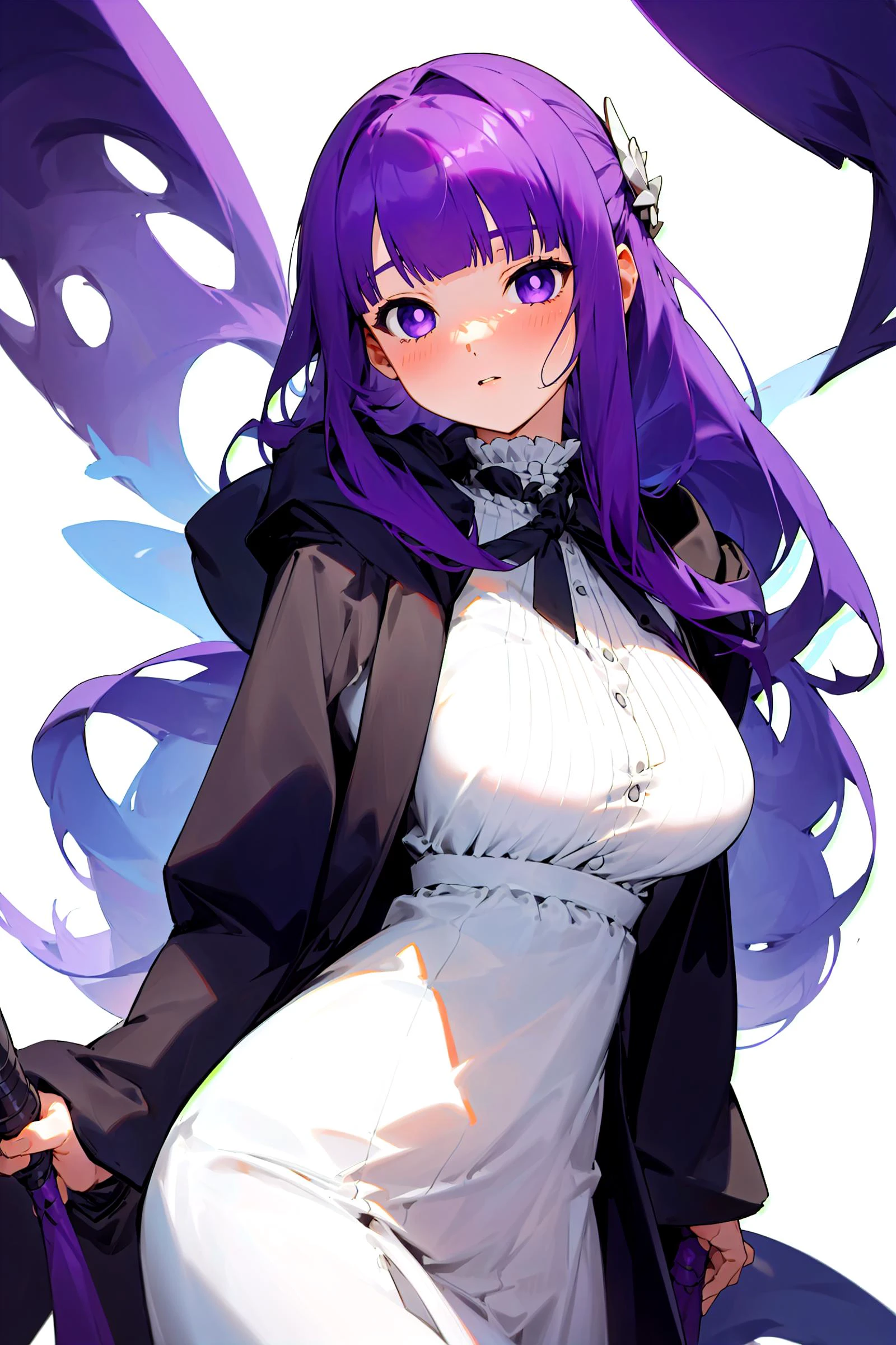 1girl, solo, cowboy shot, fine art parody, breasts, green hair, long hair, cleavage, medium breasts,
looking at viewer, <lora:yawanuri:1> <lora:FernV2:1>purple pupils, long hair, looking at viewer, closed mouth, half updo, white dress, blush, simple background,( white background:1.5), fernbase, collared dress, fernfrieren, black robe, holding, hair ornament, standing, sidelocks, parted lips