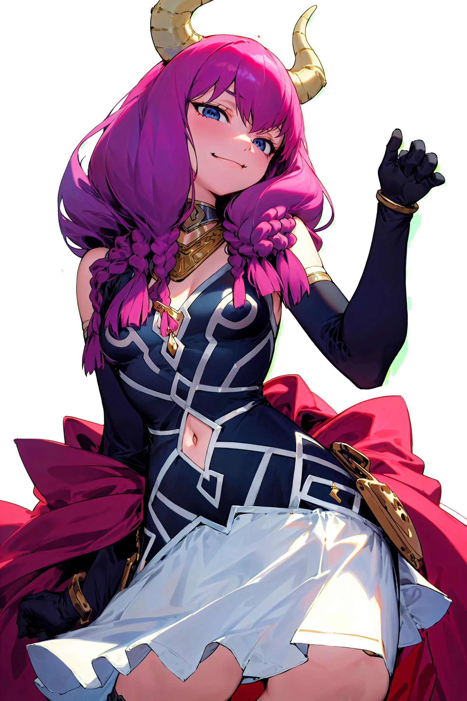 1girl, solo, cowboy shot, fine art parody, breasts, long hair, cleavage, medium breasts,
looking at viewer, <lora:yawanuri:1> <lora:AuraFrieren:1>aurafrieren, horns, twin braids, navel, strapless shirt, black shirt, black gloves, necklace, white skirt, navel cutout, red waist cape, simple background, evil smile, shirt