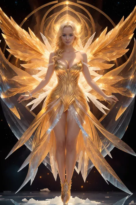 1girl, full body, zh_hmattsson, blond wavy hair, in golden dress, cleavage, a wing made of (ice crystals:1.3), <lora:ZH_HMattsson_v1:1> <lora:add_sharpness:0.5> <lora:glowwave_20231222012613:0.5> glowwave