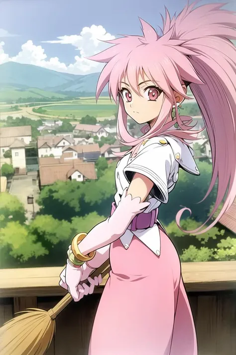 village, <lora:arche80:1>, 1girl, cowboy shot, arche klein, wide ponytail, pink baggy pants, looking at viewer, single earring, jewelry, broom, orn
(1990s \(style\):0.8), tales of phantasia,