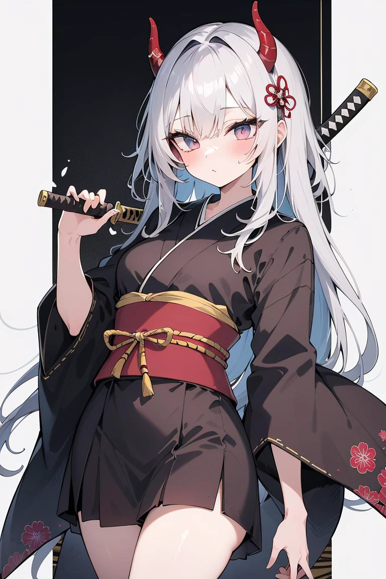 1girl, oni, horn, kimono, katana, samurai, thigh, hair ornament