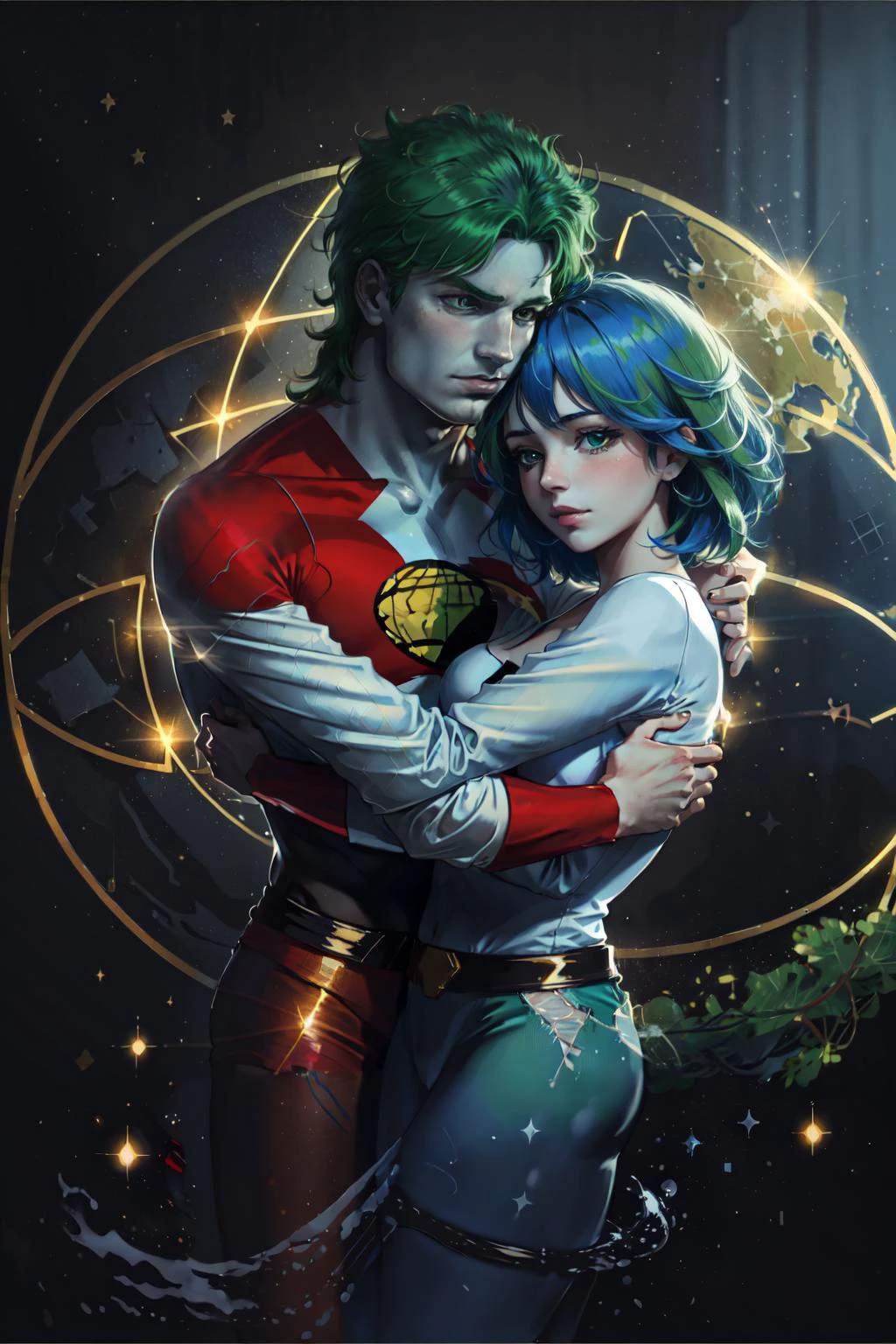 (masterpiece, best quality), intricate details
1boy, <lora:captain_planet1-10:1> (captain planet, colored skin:1.3), green hair,
1girl, <lora:earthChan_v1:0.8> earth-chan, hugging, white t-shirt, green streaked hair,