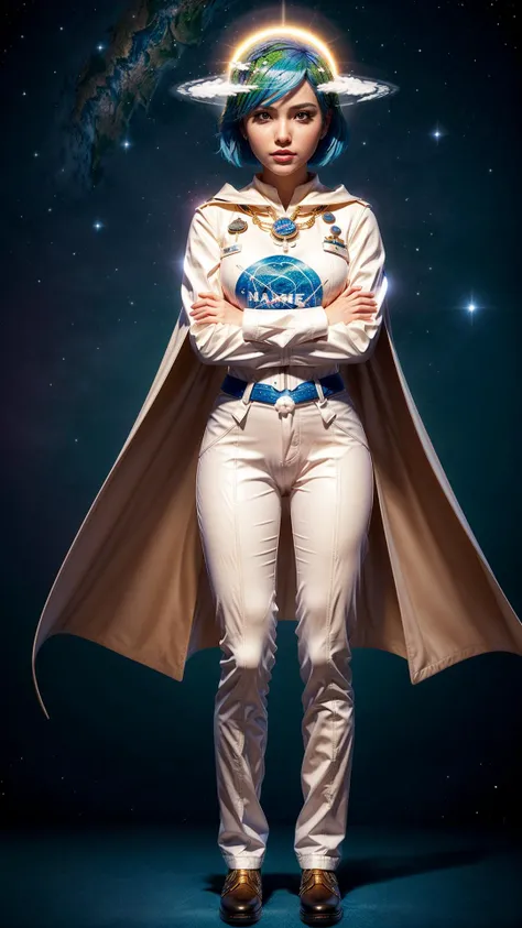 (((earth-chan, Holy Terra, sublime, majestic,))), ((White Navy Uniform, long white Pants, shoulderpads, golden shirt buttons and cufflinks, long cape, military honours, medals,)), ((crossed arms)), Ocean of stars in background, <lora:GoodHands-vanilla:1> <lora:earth-chan:1> <lora:LookingDisgusted_V1:0.4> <lora:add_detail:1>, masterpiece, best quality, hyperrealistic, extremely detailed, highly quality, 4k, sharp focus, professional photograph, sharp focus, award winning, cinematic lighting, octane render, unreal engine, volumetrics dtx, Wallpaper,