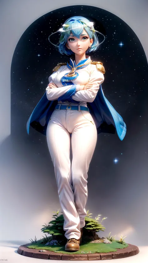 (((earth-chan, Holy Terra, sublime, majestic,))), ((White Navy Uniform, long white Pants, shoulderpads, golden shirt buttons and cufflinks, long cape, military honours, medals,)), ((crossed arms)), Ocean of stars in background, <lora:GoodHands-vanilla:1> <lora:earth-chan:1> <lora:LookingDisgusted_V1:0.4> <lora:add_detail:1>, masterpiece, best quality, hyperrealistic, extremely detailed, highly quality, 4k, sharp focus, professional photograph, sharp focus, award winning, cinematic lighting, octane render, unreal engine, volumetrics dtx, Wallpaper,
