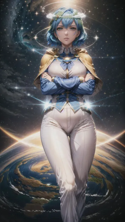 (((earth-chan, Holy Terra, sublime, majestic,))), ((White Navy Uniform, long white Pants, shoulderpads, golden shirt buttons and cufflinks, long cape, military honours, medals,)), ((crossed arms)), Ocean of stars in background, <lora:GoodHands-vanilla:1> <lora:earth-chan:1> <lora:LookingDisgusted_V1:0.4> <lora:add_detail:1>, masterpiece, best quality, hyperrealistic, extremely detailed, highly quality, 4k, sharp focus, professional photograph, sharp focus, award winning, cinematic lighting, octane render, unreal engine, volumetrics dtx, Wallpaper,