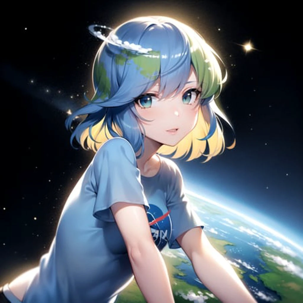 2d, masterpiece, best quality, anime, highly detailed face, highly detailed eyes, highly detailed background, perfect lighting, full body, 1girl, solo, earth-chan, t-shirt, small breasts, space, earth \(planet\) <lora:earth-chan-10:1>