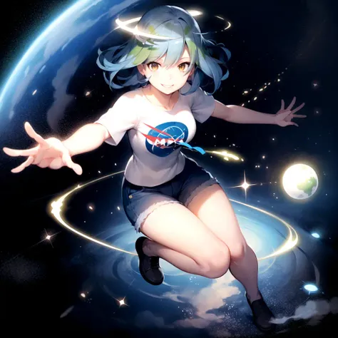 2d, masterpiece, best quality, anime, highly detailed face, highly detailed eyes, highly detailed background, perfect lighting, full body, 1girl, solo, earth-chan, brown eyes, t-shirt, medium breasts, space, earth \(planet\), smile <lora:earth-chan-10:1>