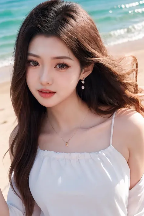 1girl, high quality, masterpiece,(mole under eye),upper body, eyelashes, jewelry, center opening,, morning, furrows, earrings, ocean, cameltoe, standing, young girl, looking at viewer, ,open mouth, off shoulder, open clothes, <lora:hlx_v1:0.65>,hair tucking,