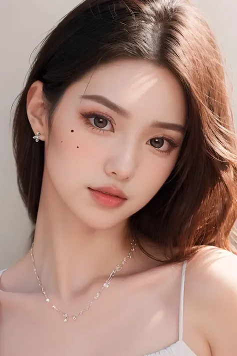masterpiece, high quality,(photorealistic:1.3),perfect eyes,ultra realistic, real human skin,1girl,(mole under eye),upper body, eyelashes, jewelry, camisole, center opening,, morning, furrows,  <lora:hlx_v1-000009:0.55>