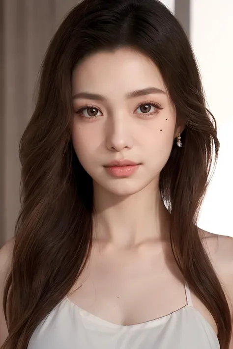((Highest quality、8K、masterpiece:1.3))、One Girl、Laughter、Upper Body、Slim face、Beautiful woman、(Dark brown hair)、Wearing a beige dress shirt、Lower body pants、Ultra detailed face、Fine grain、double eyelid、Room Bedroom、night、indirect lighting